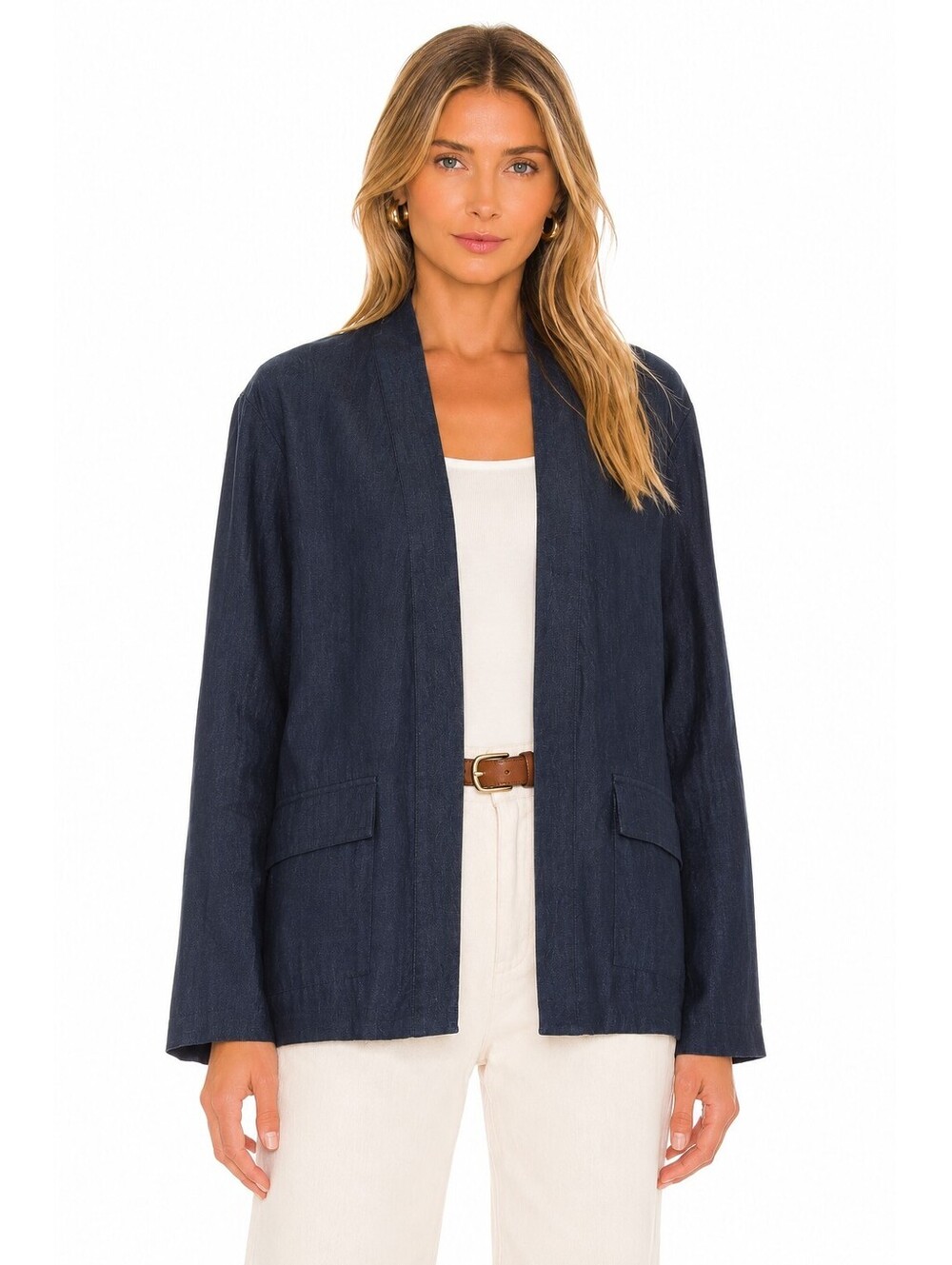 Classiques Entier Linen Blend Open Front Blazer Jacket Indigo Navy Size L NWT